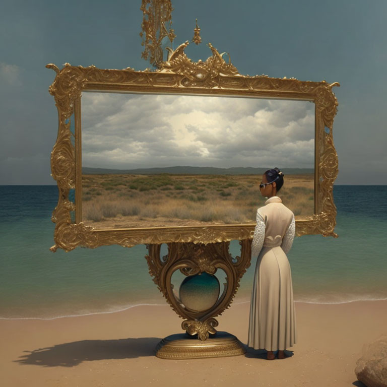 Vintage-dressed woman by ornate gold-framed mirror on beach