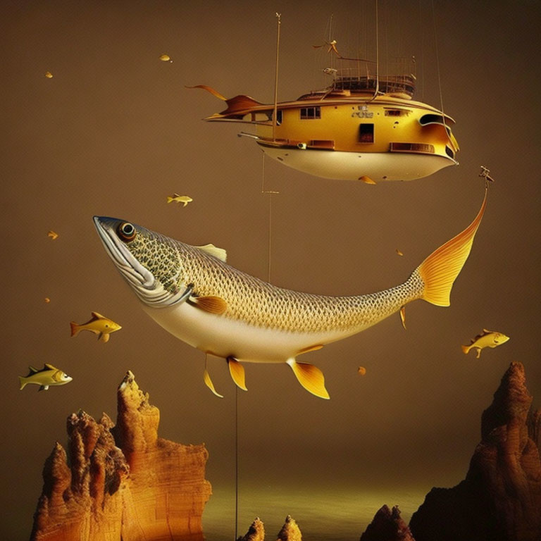 Giant fish with houseboat among rocks and fish in sepia-toned scene