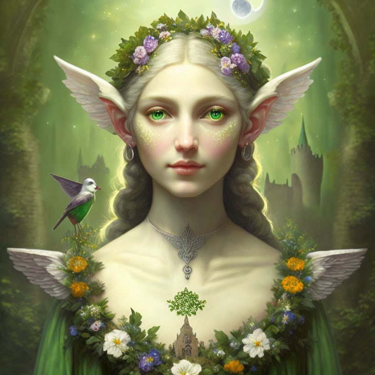 Fantasy portrait: Elven woman with green eyes, flowers in hair, surrounded by lush greenery