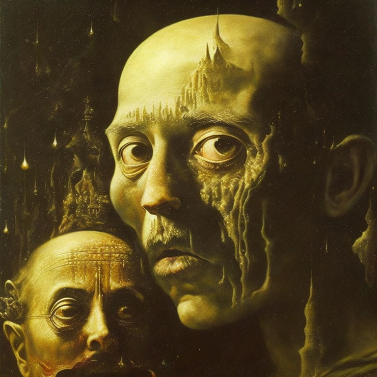 Surreal painting of bald figure with smaller face in melancholic expressions