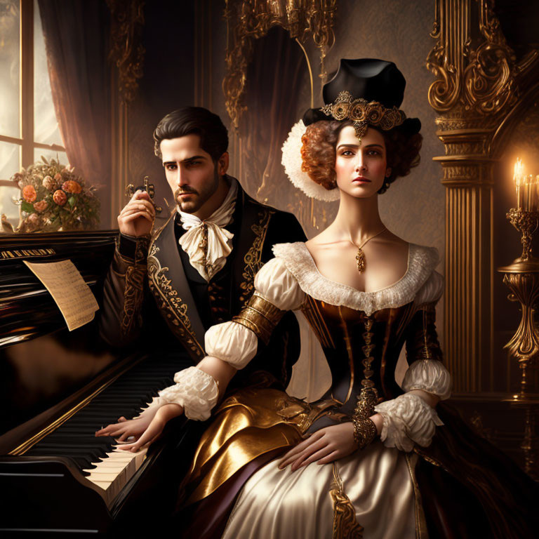 Victorian couple by piano in ornate room exudes aristocratic elegance