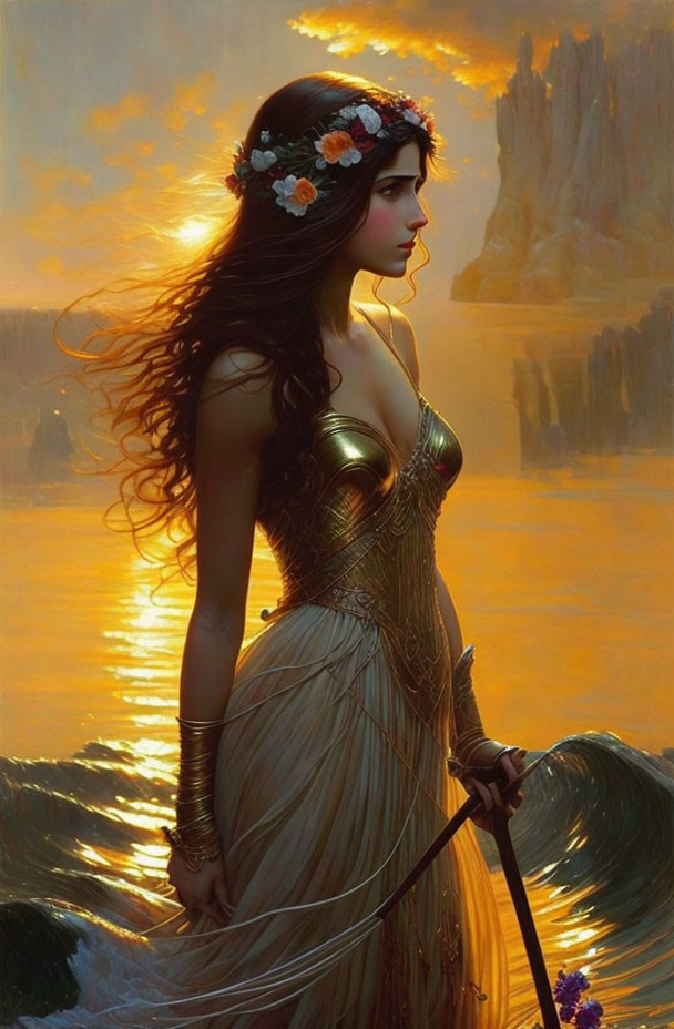 Woman in golden dress with floral crown by sea at sunset with staff and cliffs.