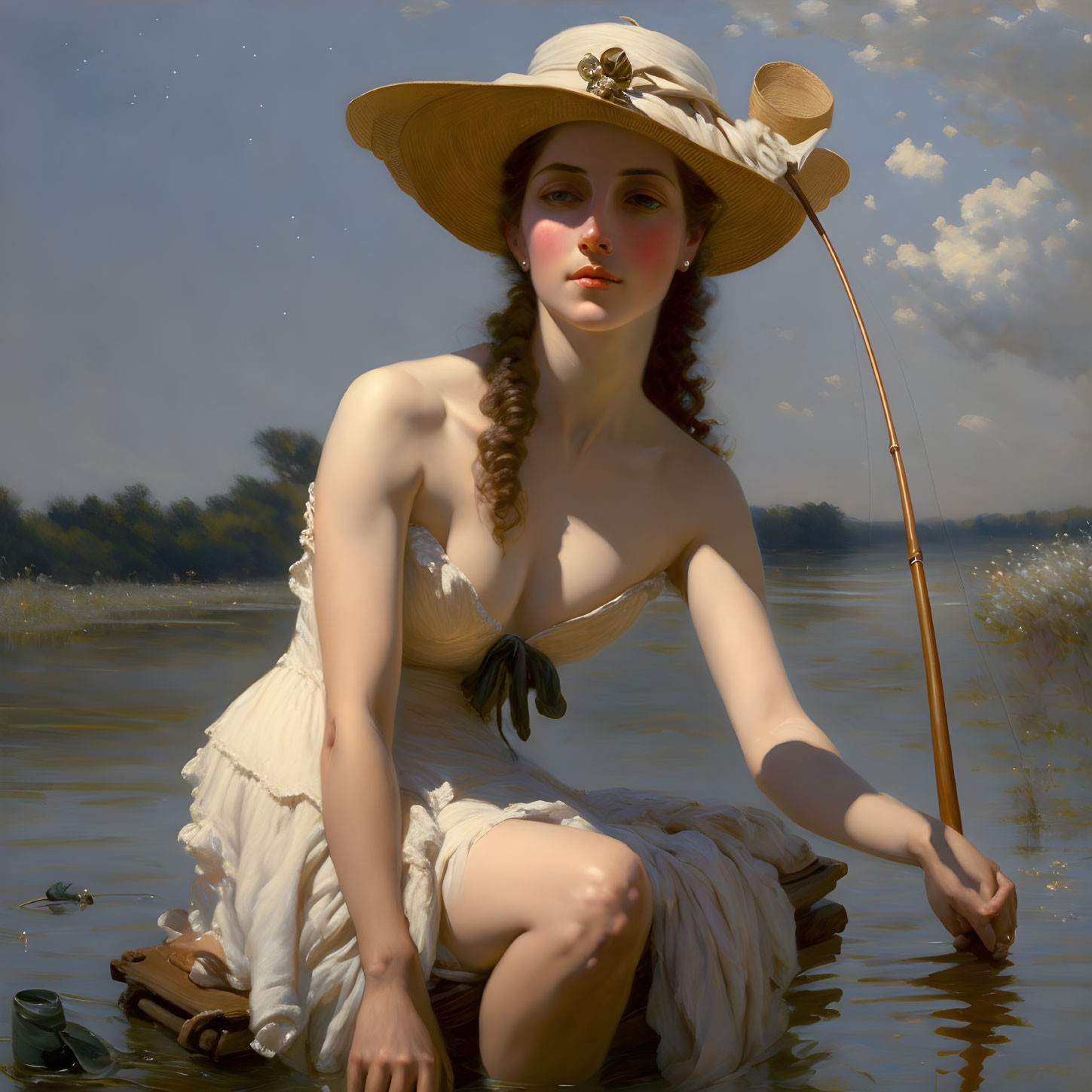 Vintage painting of a woman in wide-brimmed hat fishing by water