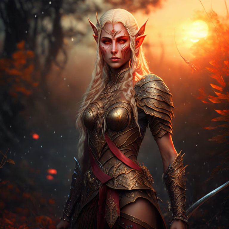 Elven warrior in golden armor in sunset-lit forest