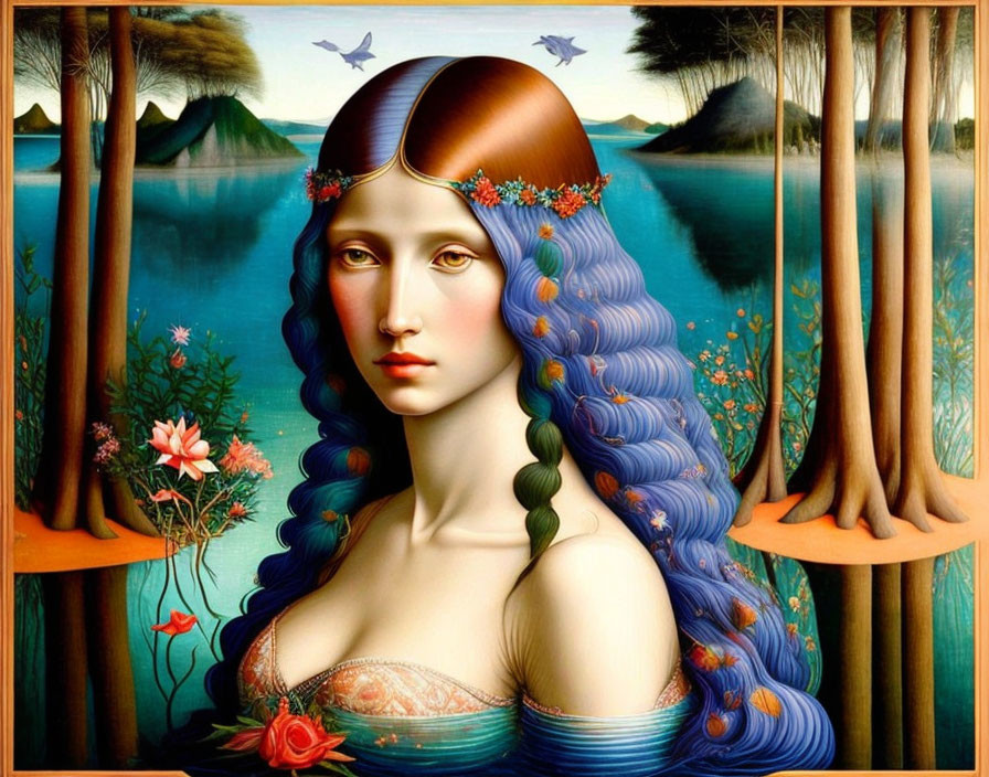 Surreal painting: Woman with blue braided hair, floral crown, lake & mountains