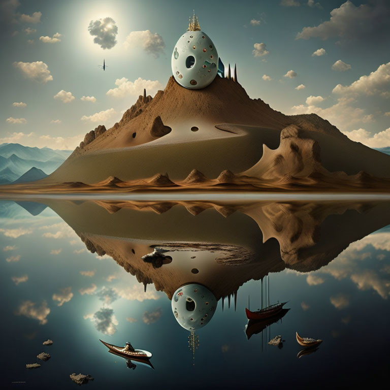 Surreal landscape: egg-shaped structure on island with boats and mountains