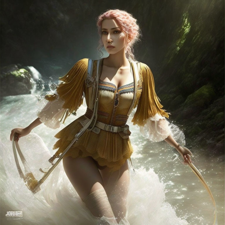 Fantasy female adventurer wading in water with soft light, yellow dress, staff