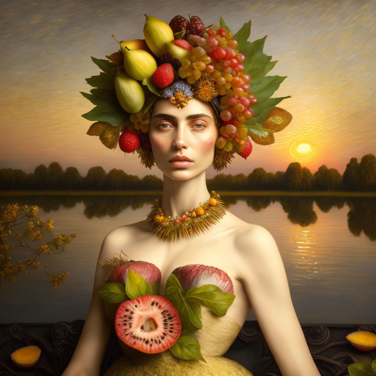 Woman with Fruit Adornments in Surreal Portrait