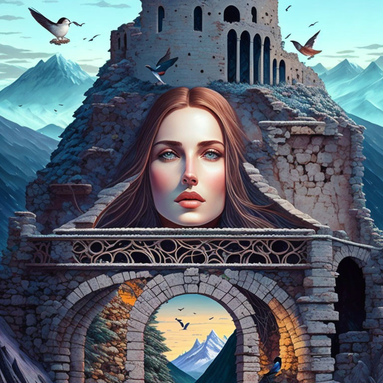 Surreal illustration of woman's face merged with castle and mountains