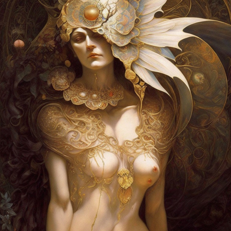 Ethereal figure in ornate gold attire and headdress.