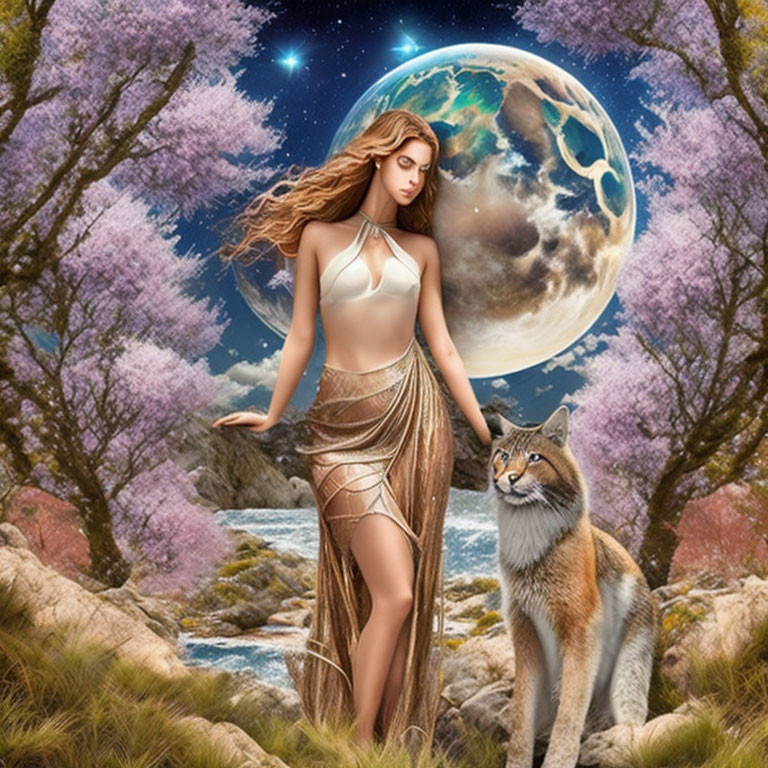 Woman in flowing dress with wolf under starry sky, cherry blossoms, and river landscape