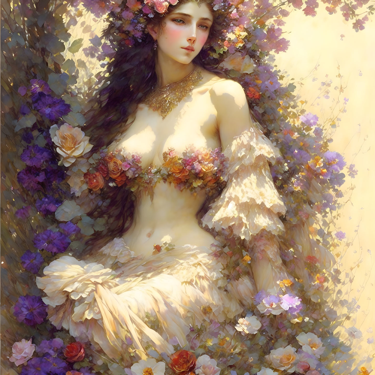 Ethereal artwork featuring woman with floral hair and dress