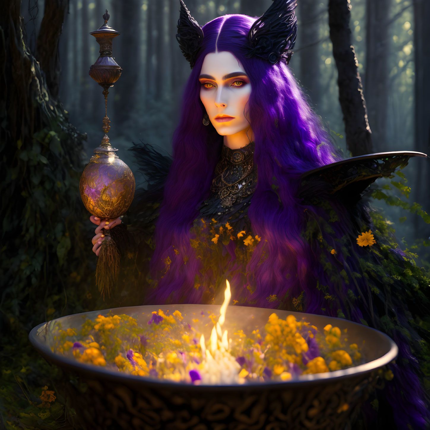 Purple-Haired Figure with Horns Holding Staff in Forest Scene