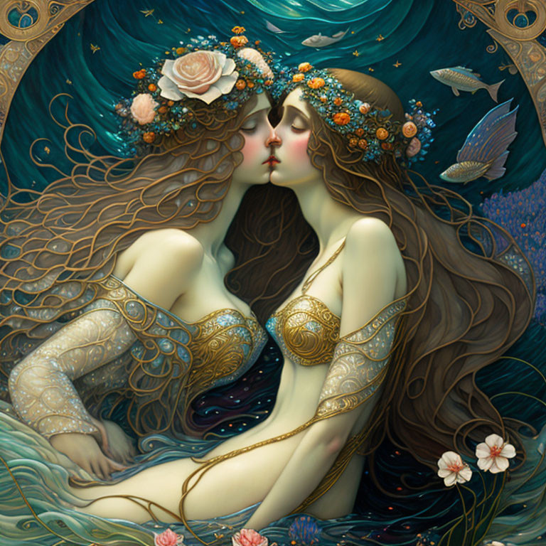 Illustration of two women kissing with flowing hair and floral elements in watery setting