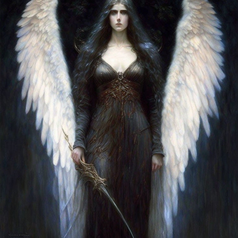 Angelic figure with large wings, dark hair, somber expression, holding a sword