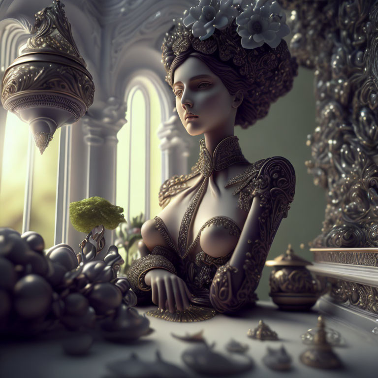 Fantasy 3D-rendered scene with stylized woman and ornate headdress