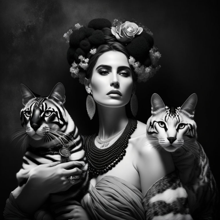 Monochromatic portrait of woman with floral hairdo and two striped cats