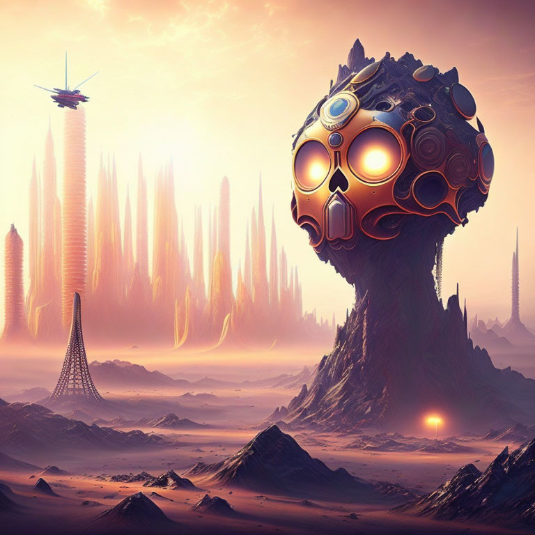 Futuristic landscape with skull-like sphere, rock formation, spires, and flying vehicle