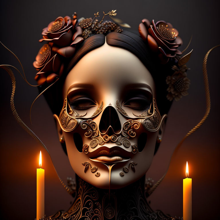 Woman in ornate gold mask and headdress surrounded by candles in 3D rendering