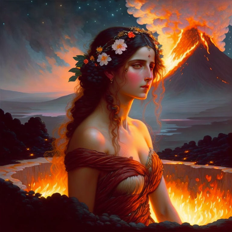 Woman with floral wreath gazing at erupting volcano and flowing lava