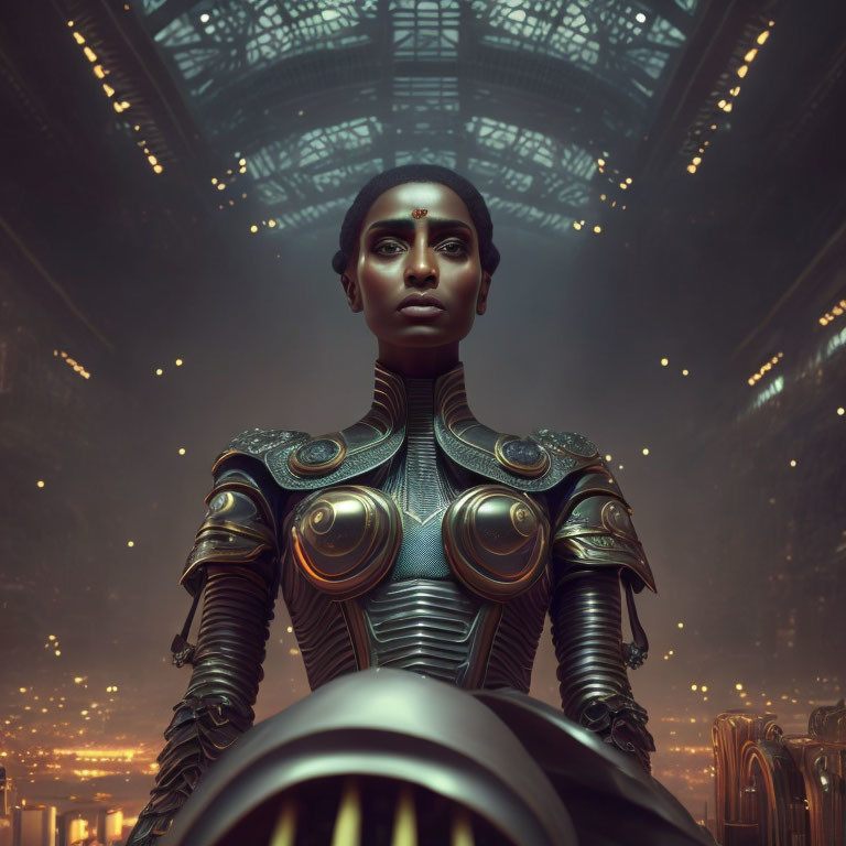 Futuristic female figure in metallic armor in grand industrial hall