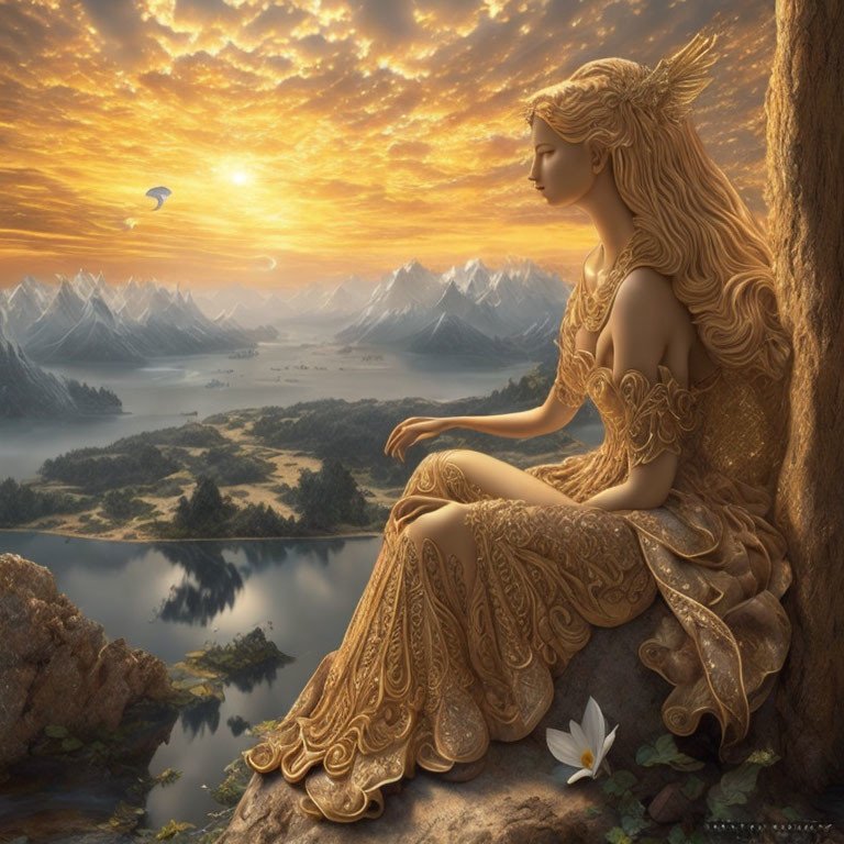 Golden-haired woman in ornate dress gazes at serene landscape at sunset