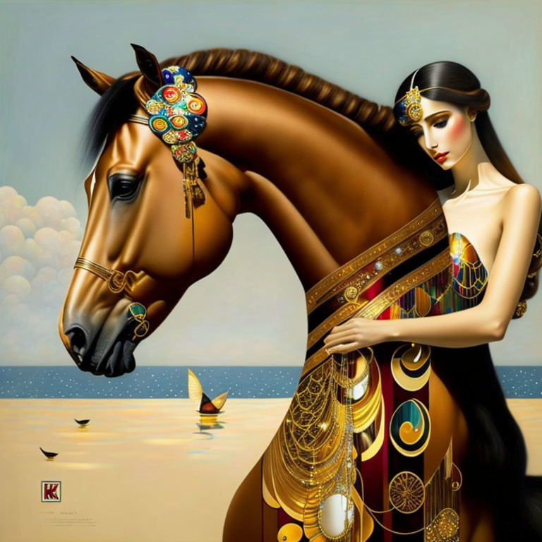 Stylized portrait of woman with dark hair embracing majestic brown horse by serene sea.