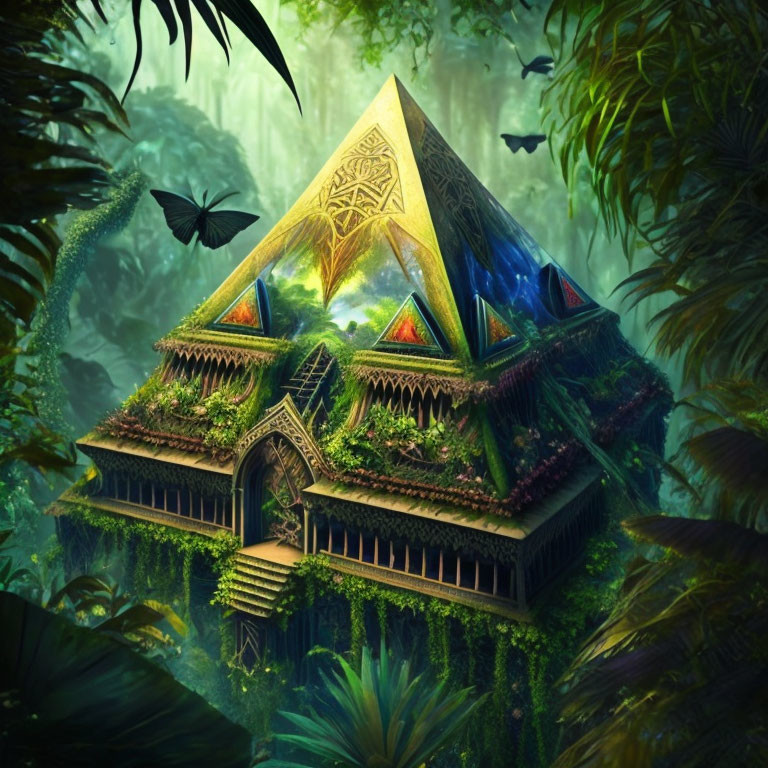 Mystical pyramid in lush jungle with enigmatic symbols