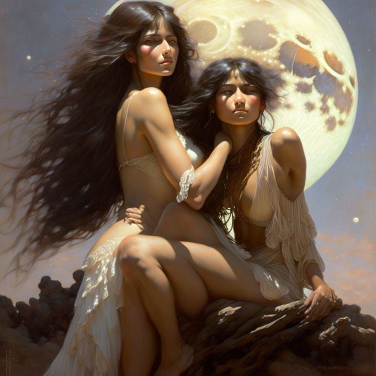 Two Women in Ethereal Dresses Under Giant Moon