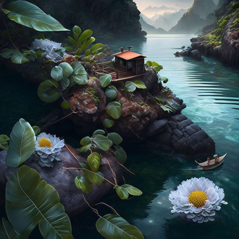 Tranquil lake scene with boat, rocky islet, green foliage, white flowers, misty