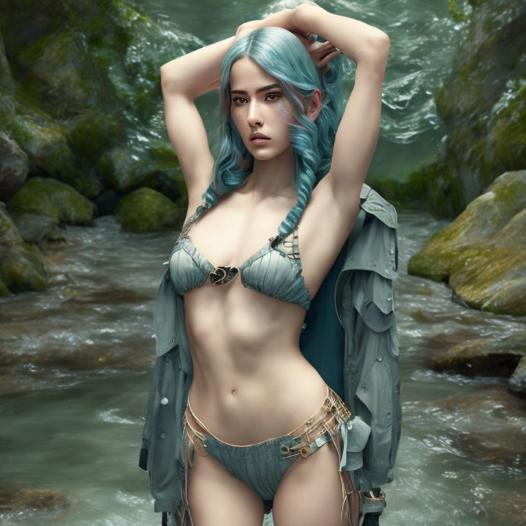 Digital artwork: Woman with blue hair in stream, fantasy outfit