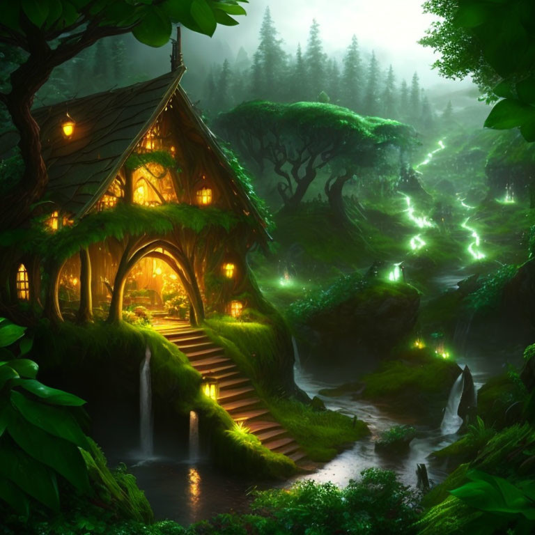 Enchanting Forest Scene with Glowing Lights and Waterfall Cottage