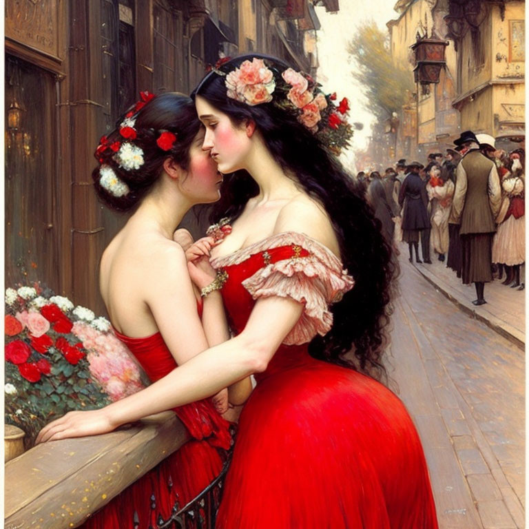 Two women in red dresses kissing behind a flower basket on a busy street.