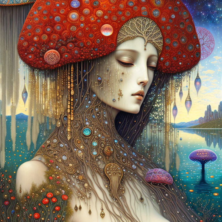 Surreal artwork: Woman with mushroom cap headpiece in detailed landscape