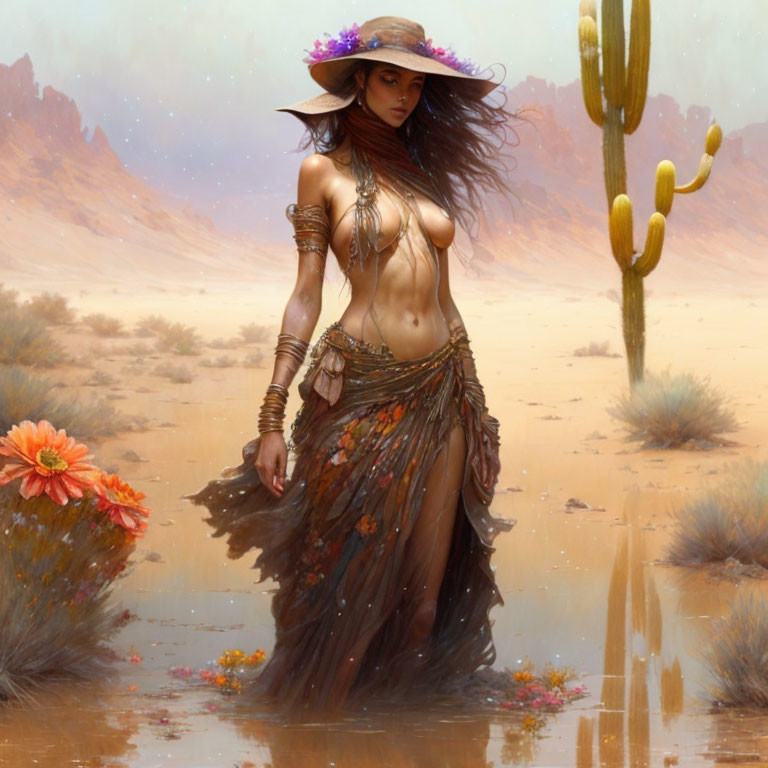 Mystical woman in wide-brimmed hat walking through desert scenery