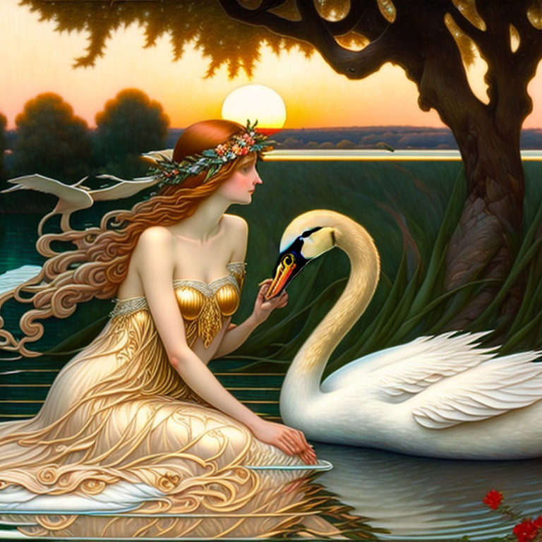 Woman with Floral Crown and Swan by Lakeside at Sunset with Tree and Vivid Colors