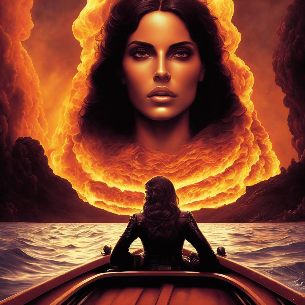 Woman in boat gazes at fiery phoenix cloud over water