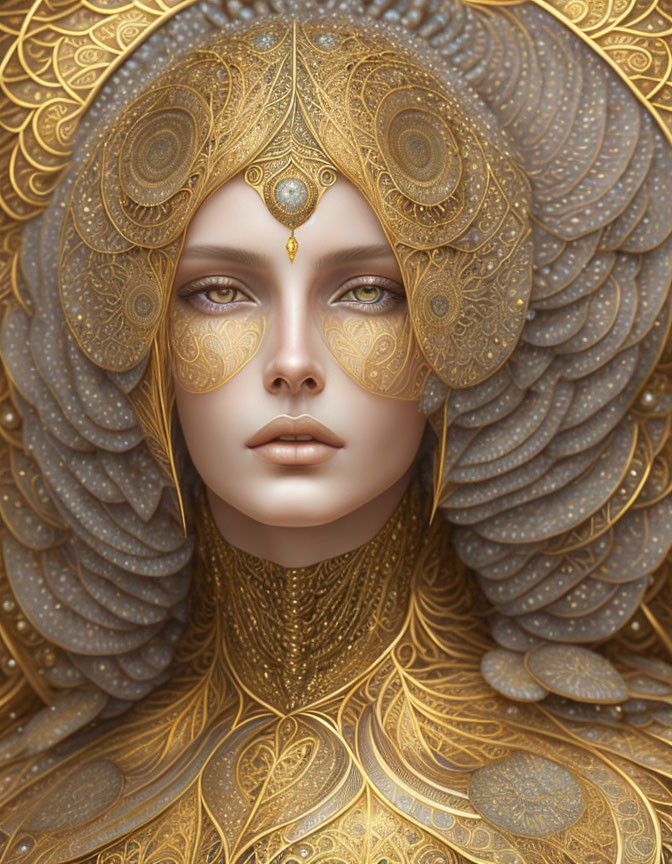 Detailed Digital Artwork: Woman with Gold Headdress & Jewelry