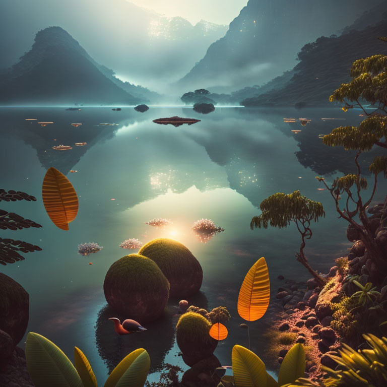 Serene Lake Scene: Moss-Covered Stones, Floating Leaves, Sunrise Mountains