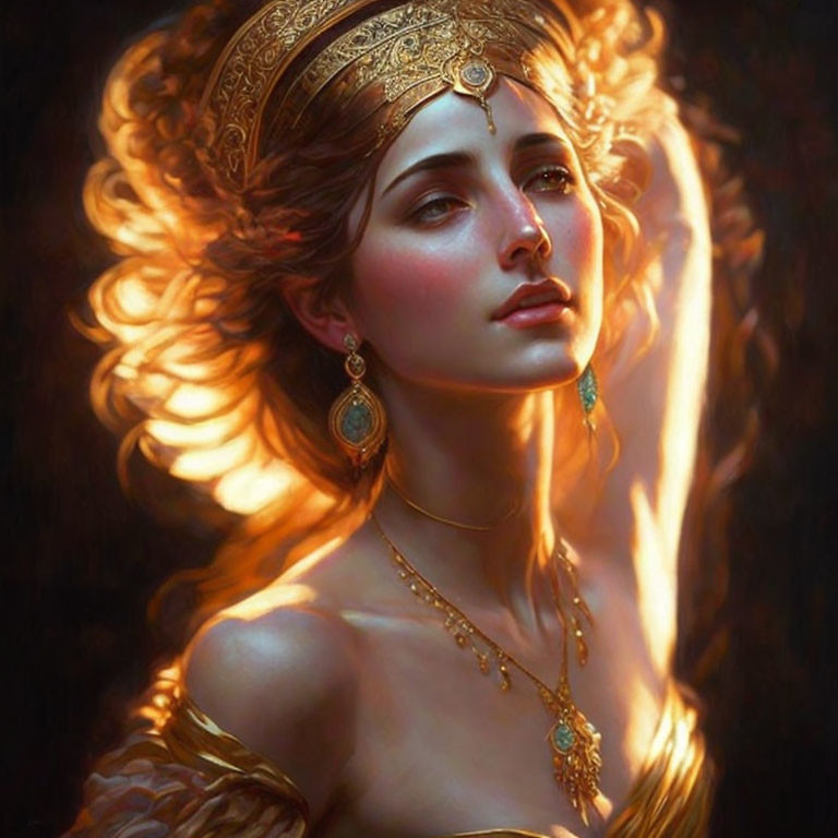 Regal woman in golden headpiece and jewelry under warm light.