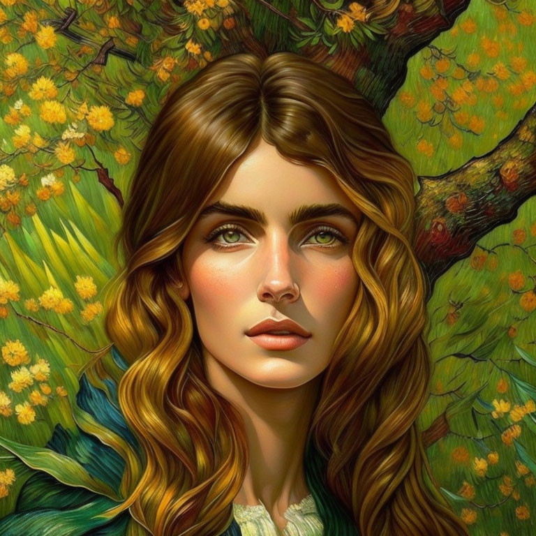 Detailed Digital Illustration: Woman with Wavy Hair & Blue Eyes in Greenery & Orange Blossoms