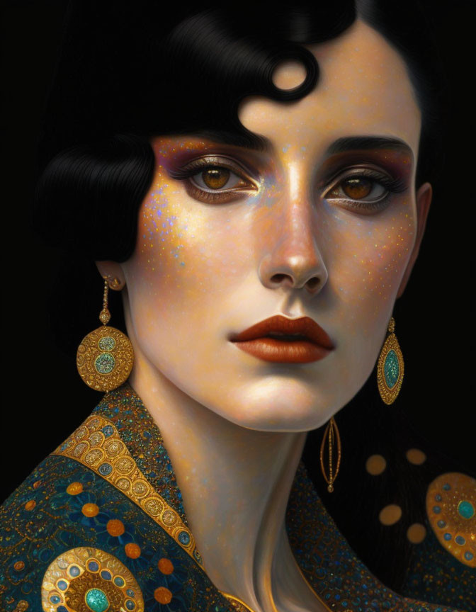 Portrait of Woman with Star-Speckled Skin and Blue-Gold Garment