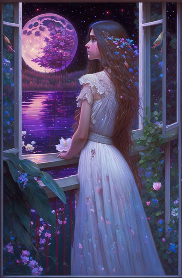 Vintage-dressed woman admiring full moon over tranquil lake at night