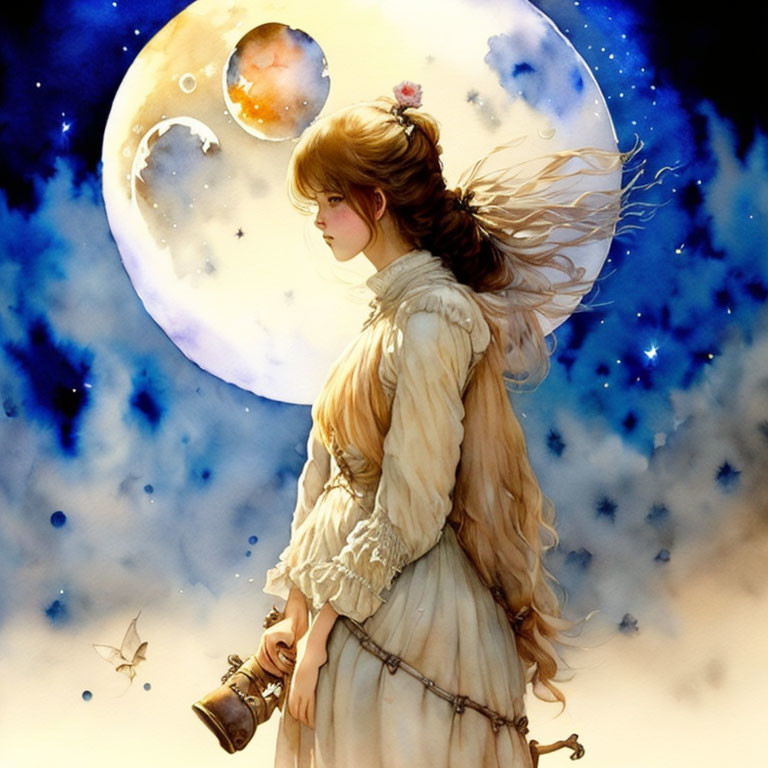 Fantasy illustration of girl with lantern under detailed moon