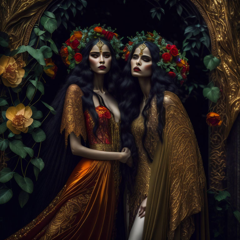 Medieval fantasy women in ornate gowns and headdresses by enchanted mirror