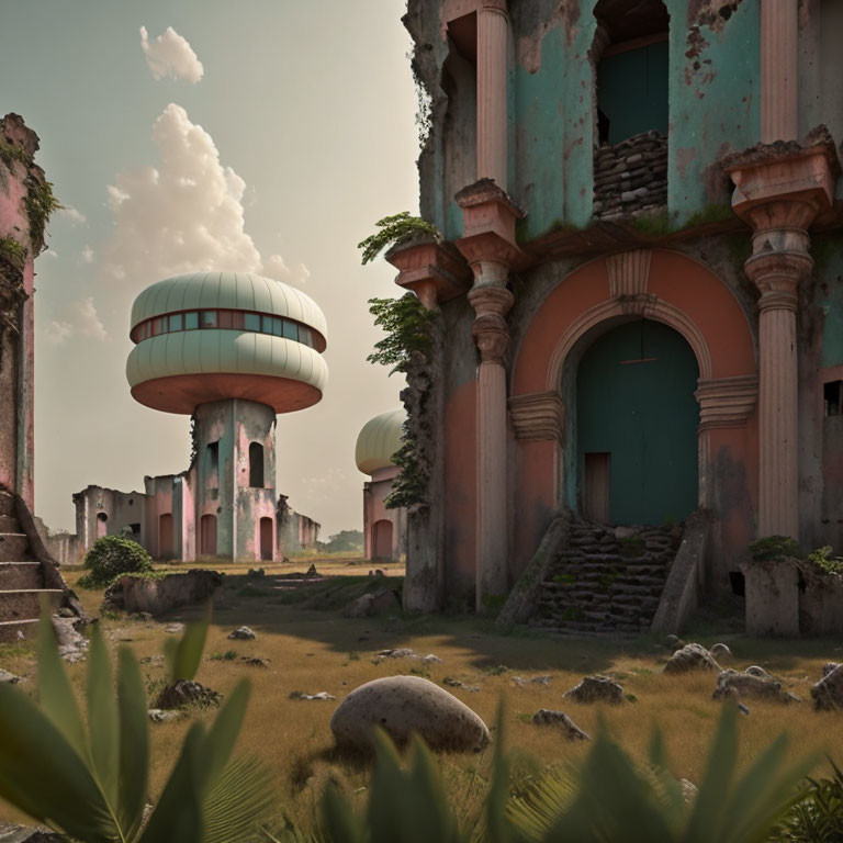 Decaying classical buildings with futuristic domed structures in post-apocalyptic scene