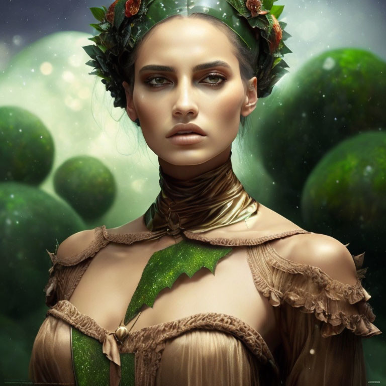 Digital Artwork: Woman with Floral Crown and Mystical Gaze