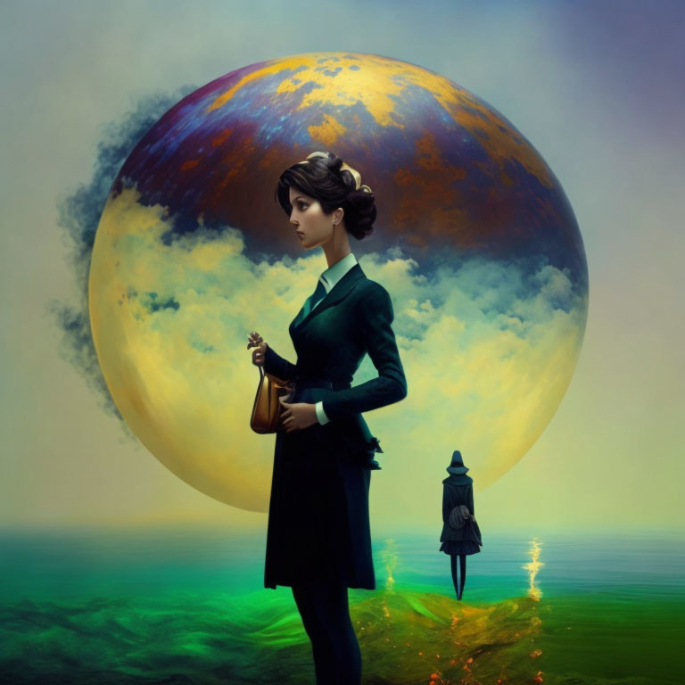 Woman in black suit before colorful planet with distant figure and green landscape