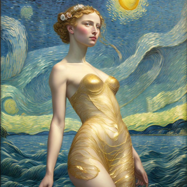 Fair-skinned woman in golden gown with pearls against blue and yellow backdrop