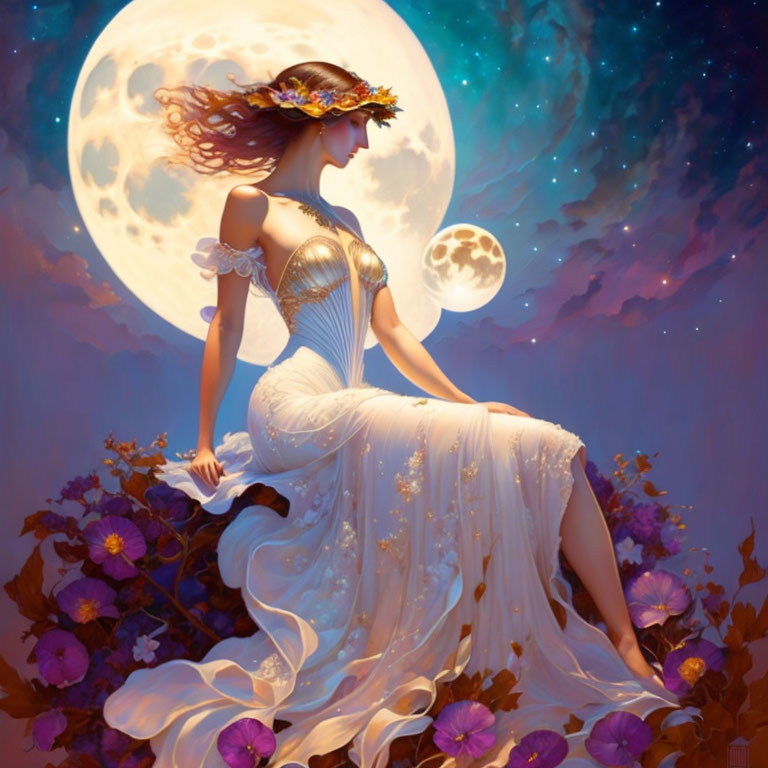 Illustration of woman on crescent moon surrounded by blooms in dreamlike setting